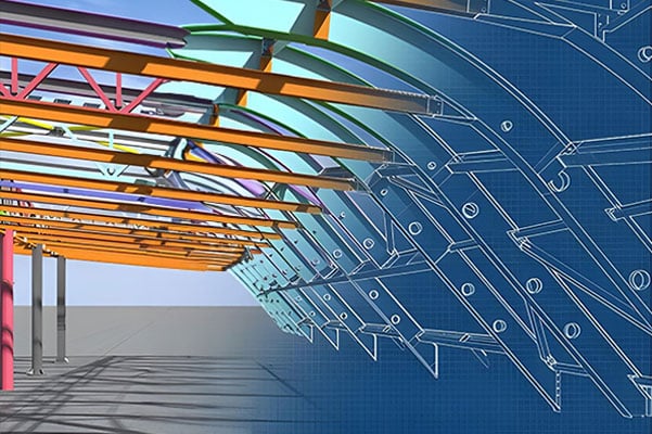 Mélange d'un schéma 3D d'un bâtiment et d'un croquis sur plan bleu