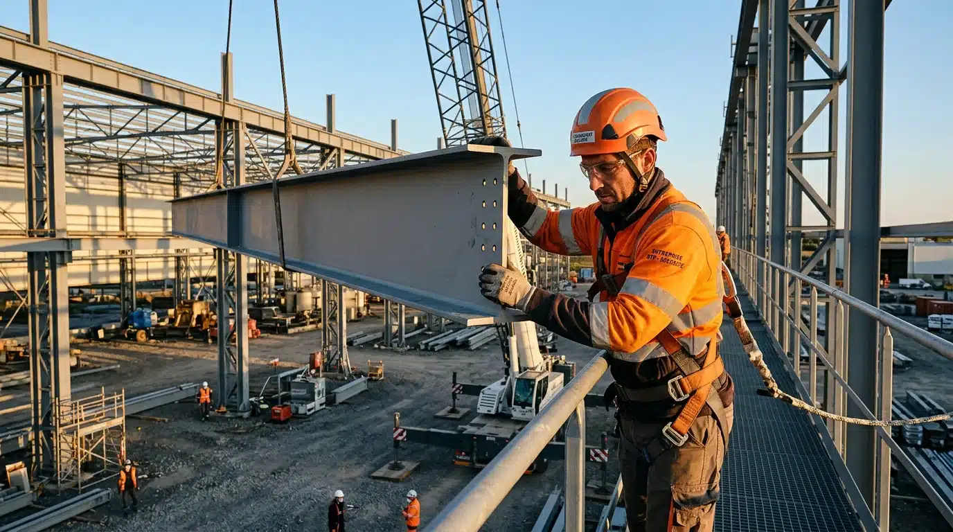 Monteur en charpente métallique guidant une poutre d'acier sur un chantier