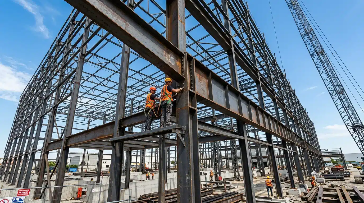 Ossature en acier d'un bâtiment industriel en cours de montage