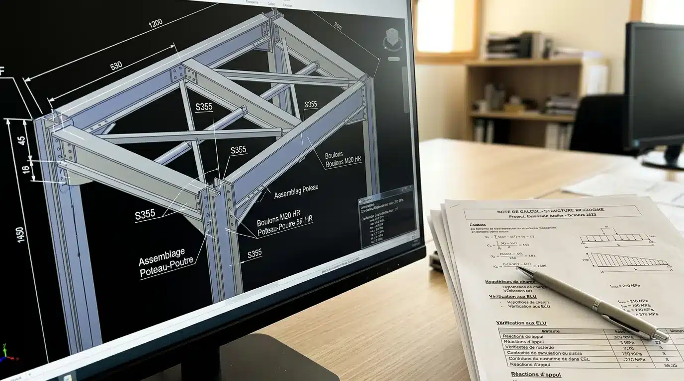 Écran de modélisation 3D d'une structure métallique et note de calcul sur un bureau d'ingénieur