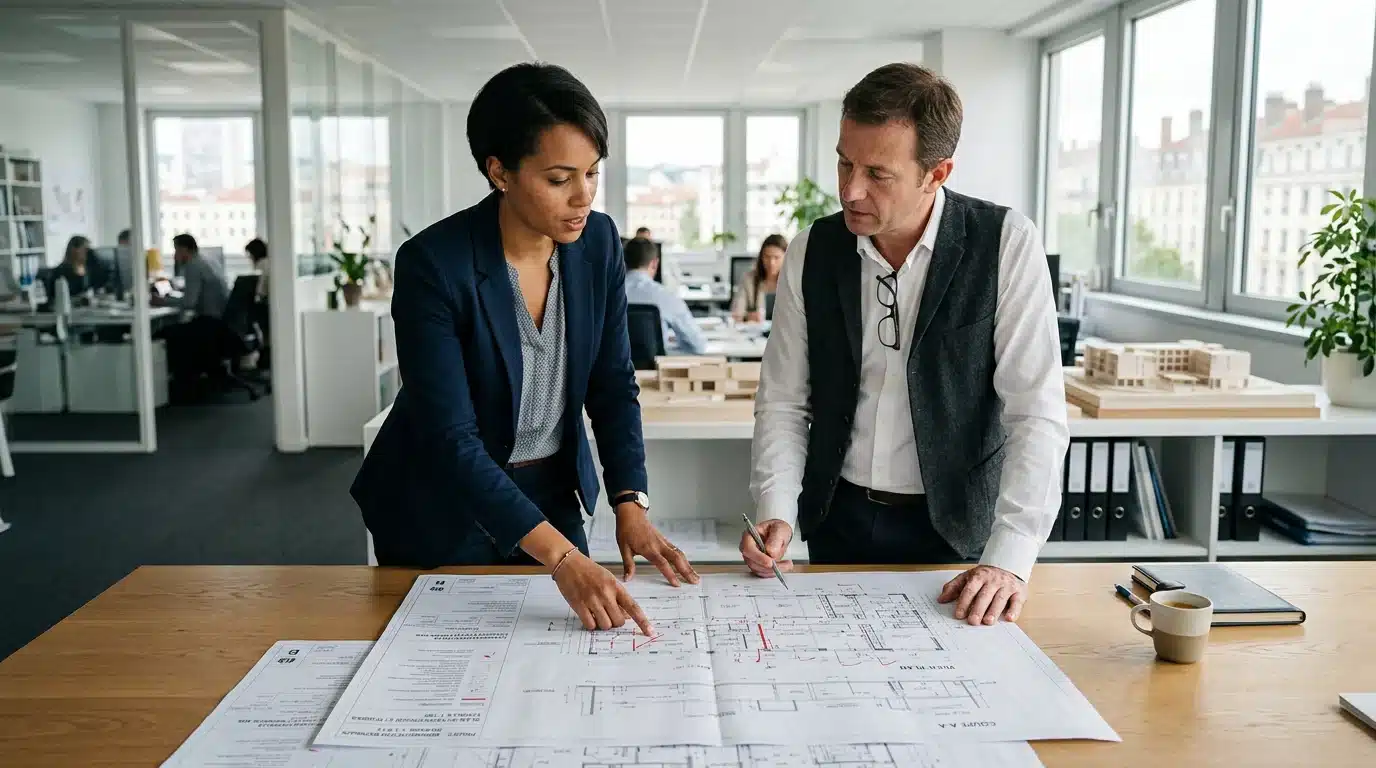 Deux ingénieurs examinant des plans techniques de structure sur une table de bureau