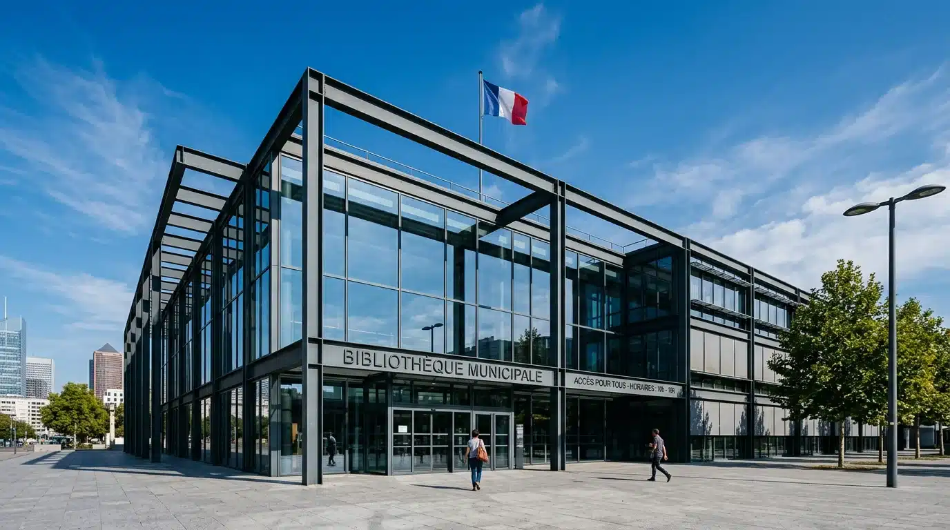 Bâtiment moderne à ossature métallique en acier apparent sous un ciel dégagé