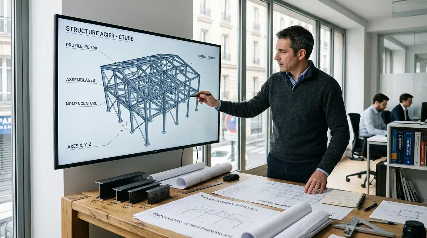 Ingénieur analysant un modèle 3D de charpente métallique sur écran