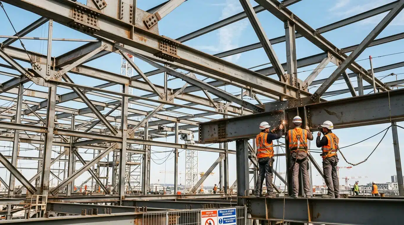 Structure métallique industrielle en cours de montage sous un ciel dégagé