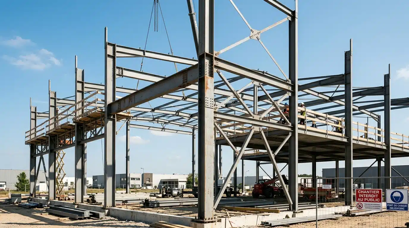 Ossature en acier d'un bâtiment industriel en cours de montage