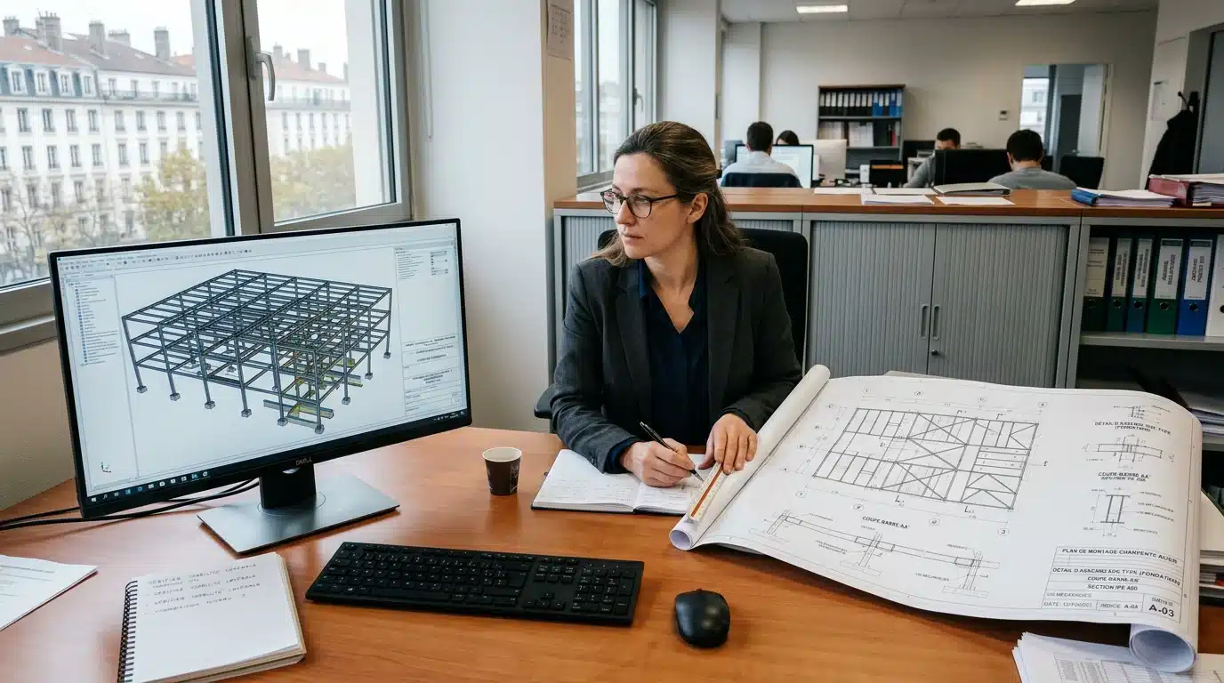 Ingénieur structure analysant un modèle 3D de charpente métallique