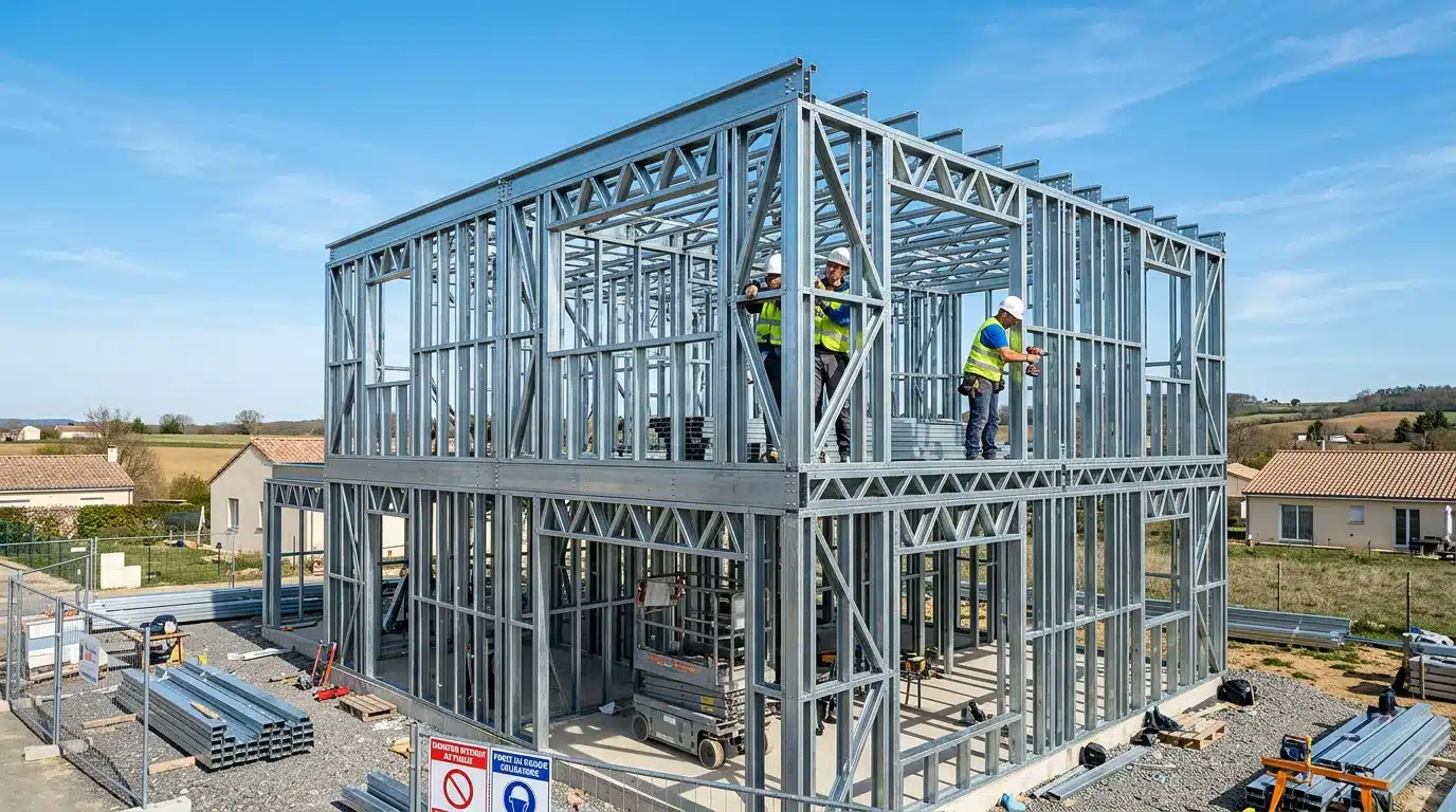 Chantier d'une maison à ossature métallique en cours d'assemblage