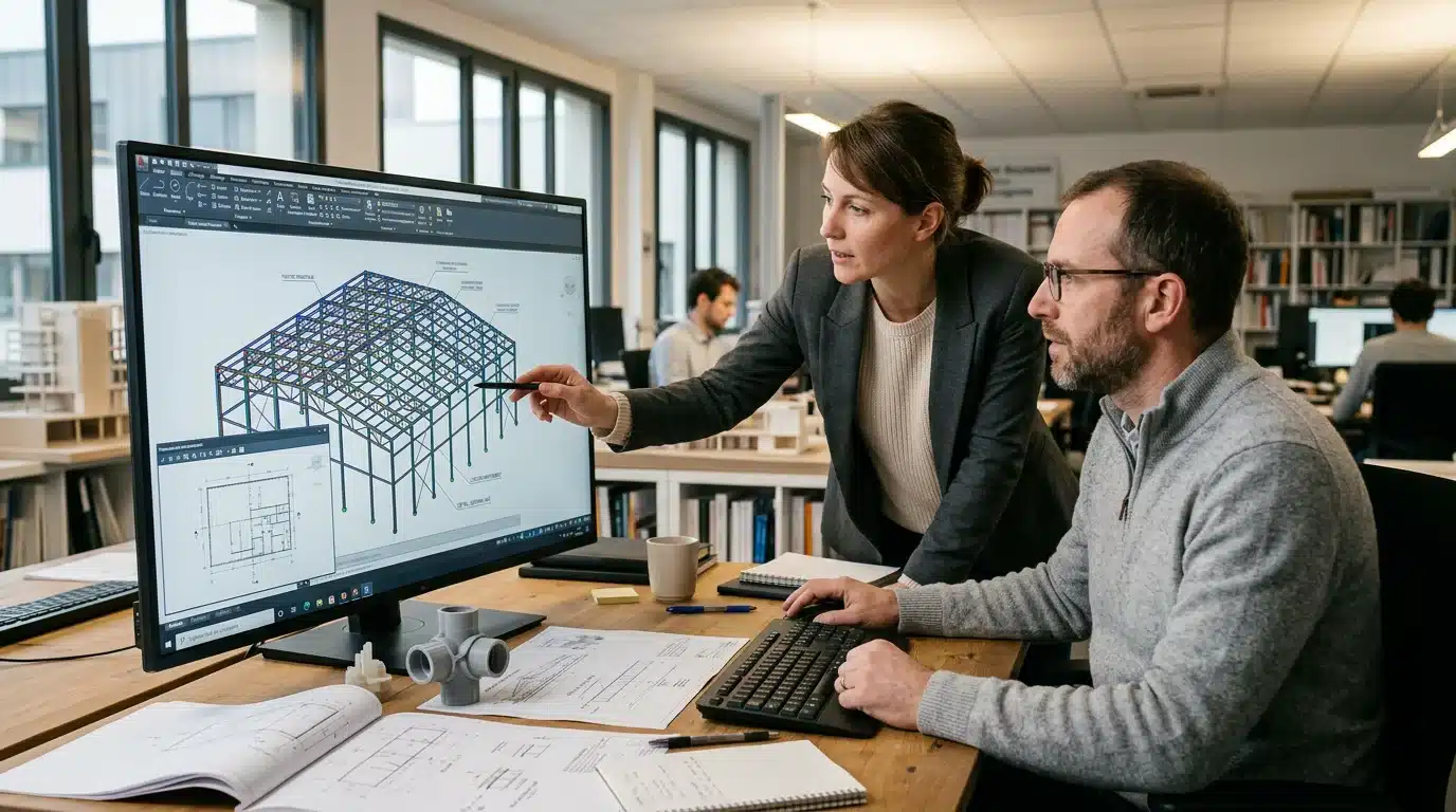 Ingénieurs analysant la modélisation 3D d'une structure métallique
