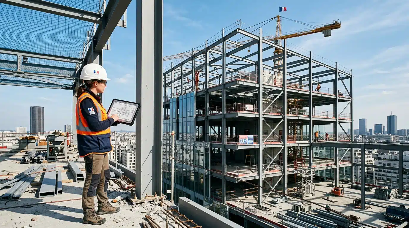 Bureau d'études structure sur un chantier de construction à ossature métallique