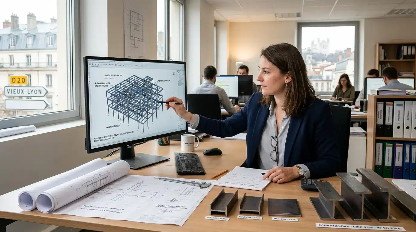 Ingénieur d'un bureau d'études analysant les calculs de structure sur écran