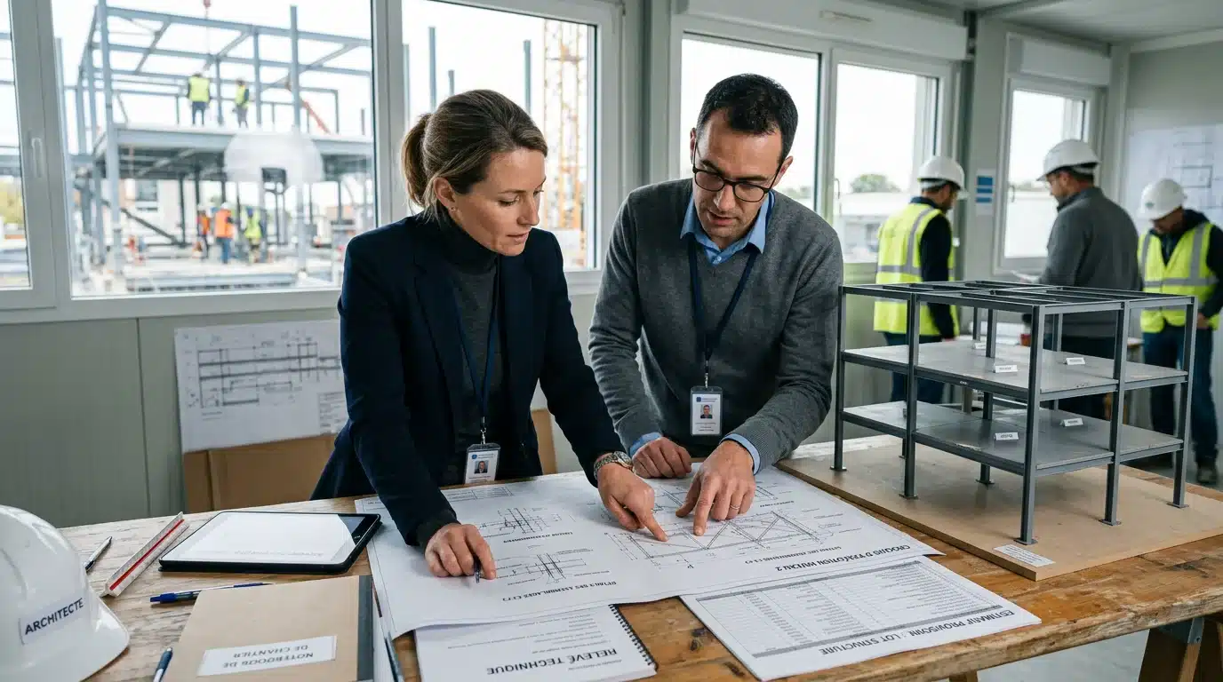 Réunion de chantier autour des plans et du devis d'un bureau d'études structure