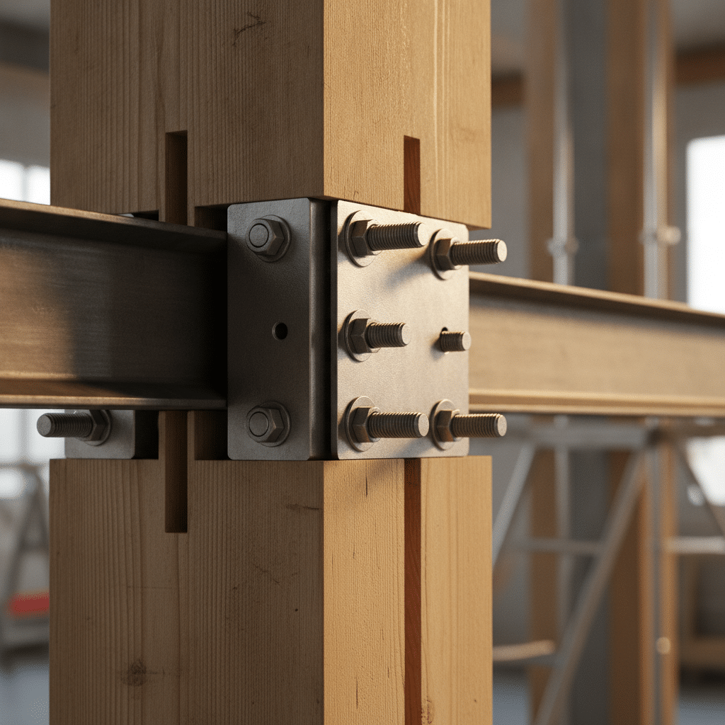 Gros plan technique sur un assemblage acier-bois, connecteur métallique et boulons reliant poutre bois à une structure acier