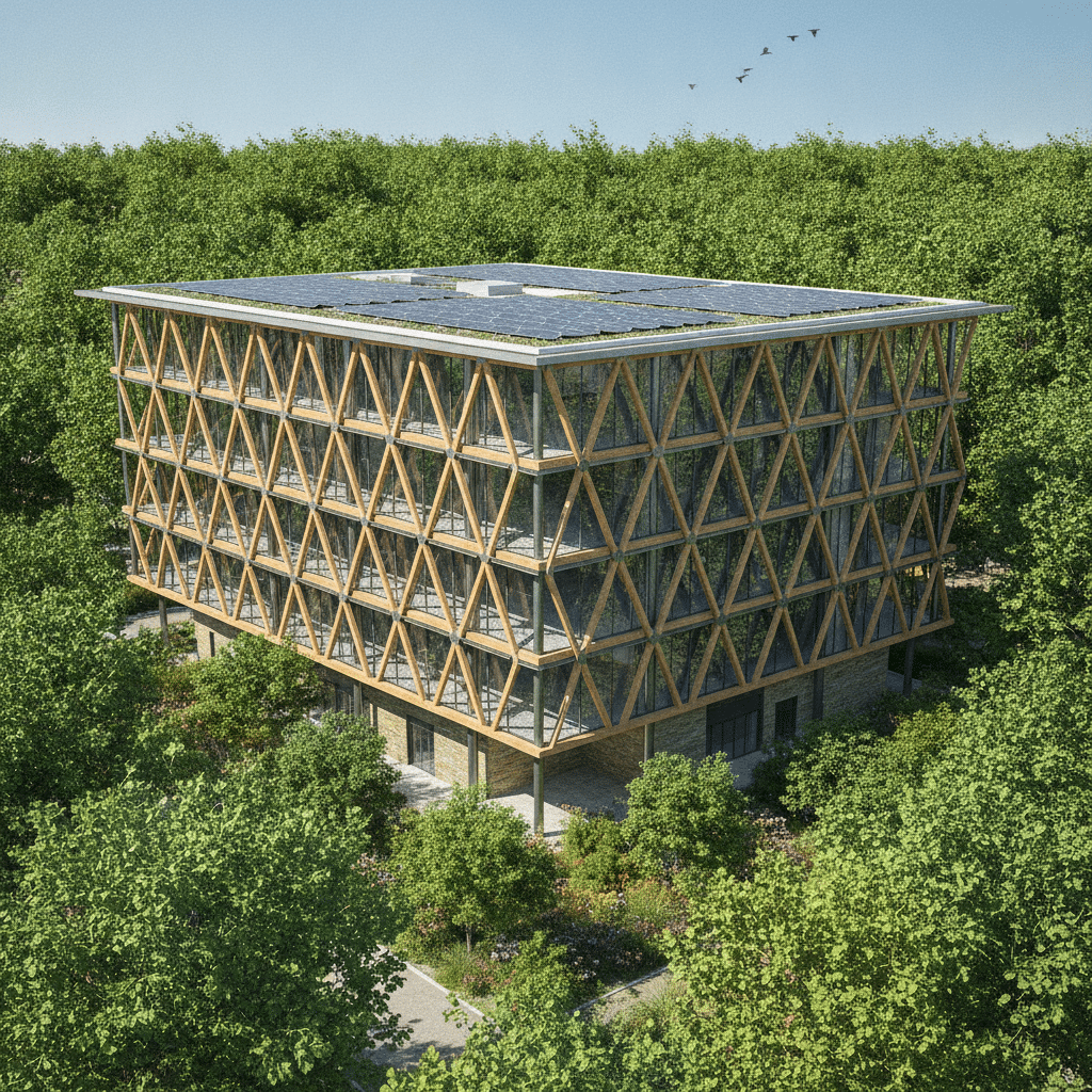 Bâtiment tertiaire moderne à structure mixte acier-bois, façade vitrée, panneaux solaires, architecture durable RE2020
