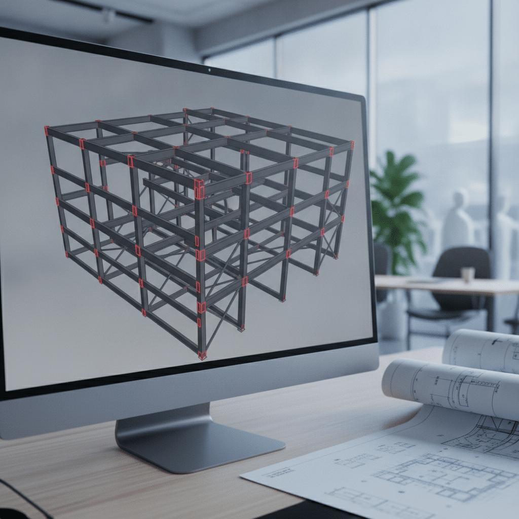 Modèle BIM 3D d'une structure métallique avec analyse technique sur écran d'ingénierie