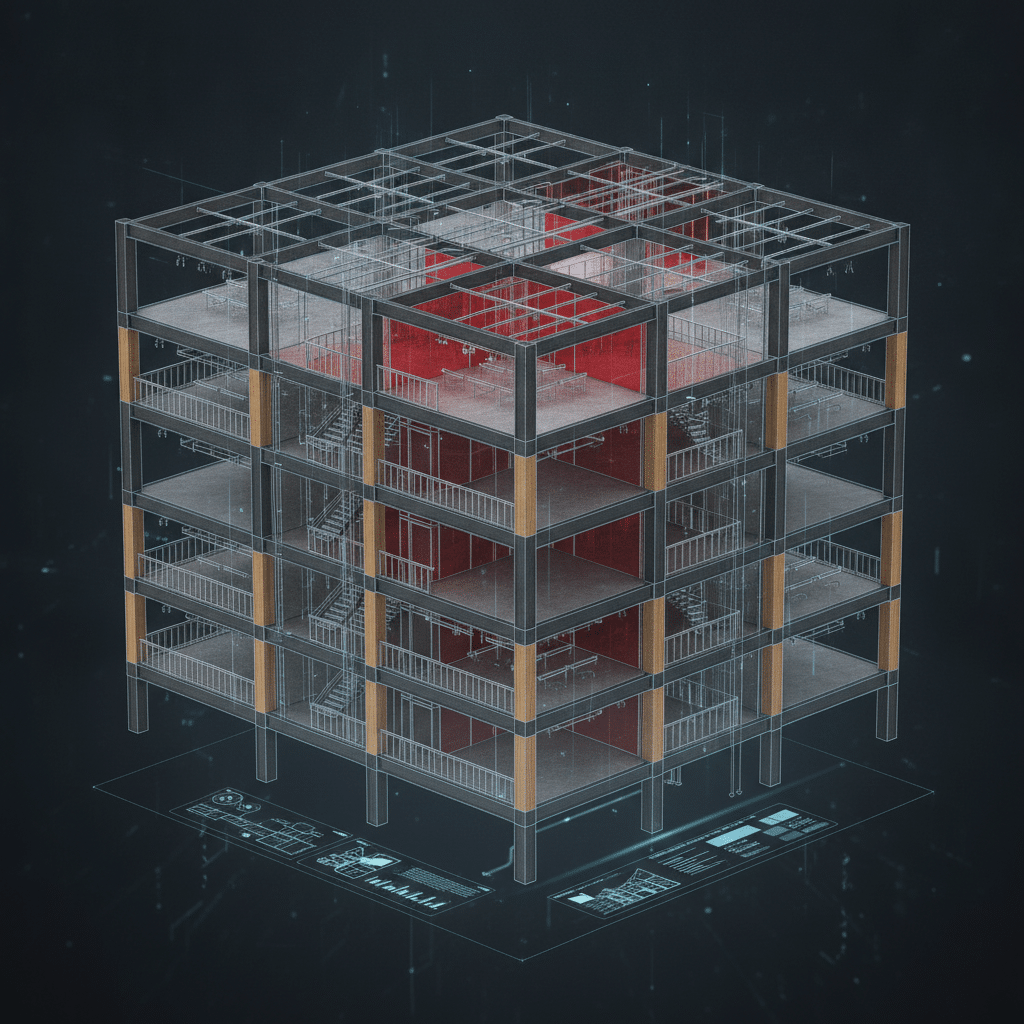 Visualisation BIM 3D d'un bâtiment avec zones de protection incendie en rouge, sprinklers et barrières coupe-feu