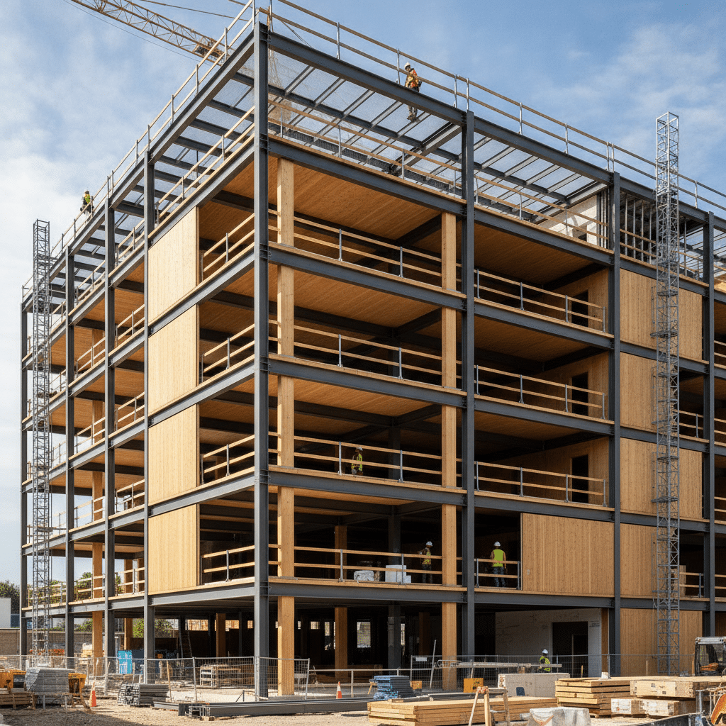 Chantier de construction mixte acier-bois, structure hybride moderne avec poutres bois et charpente métallique apparente