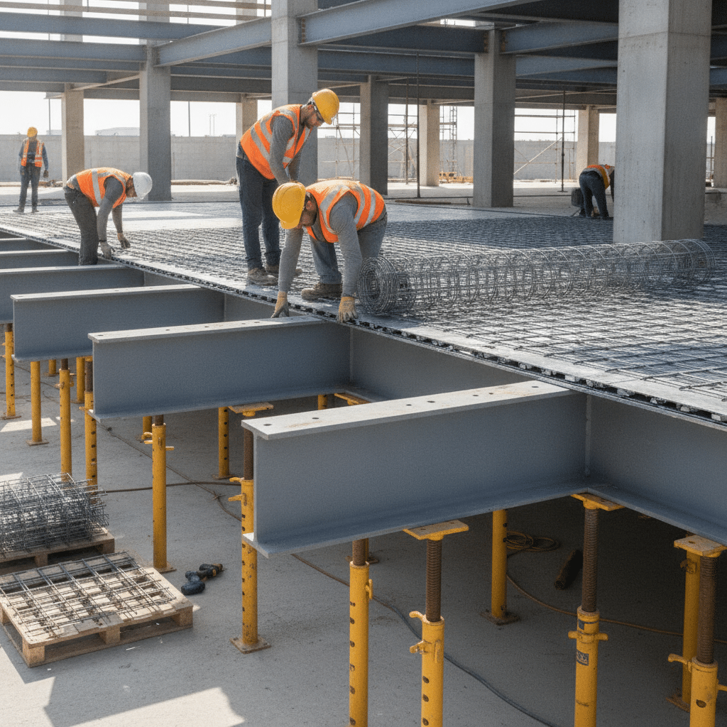 Pose de bacs acier collaborant avec étaiement provisoire et treillis soudé sur chantier