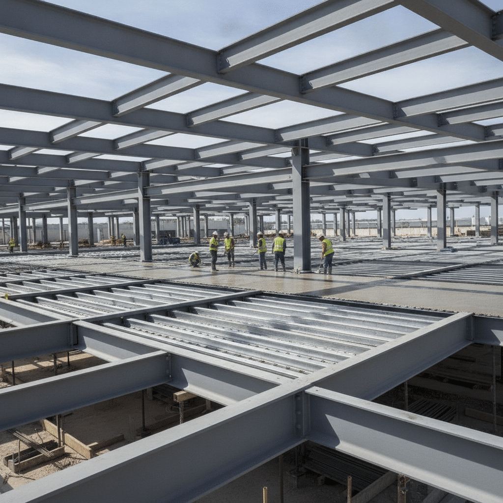 Plancher collaborant acier-béton avec bac acier et coulage béton sur chantier construction métallique