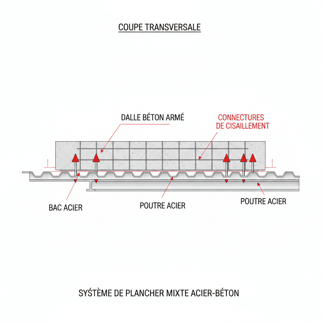 Schéma technique du principe de fonctionnement d'un plancher mixte acier-béton avec bac collaborant