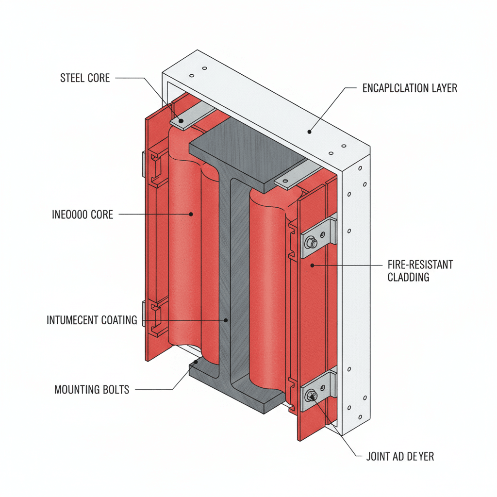 Coupe technique d'un poteau acier avec systèmes de protection incendie : peinture intumescente, cladding et encapsulation
