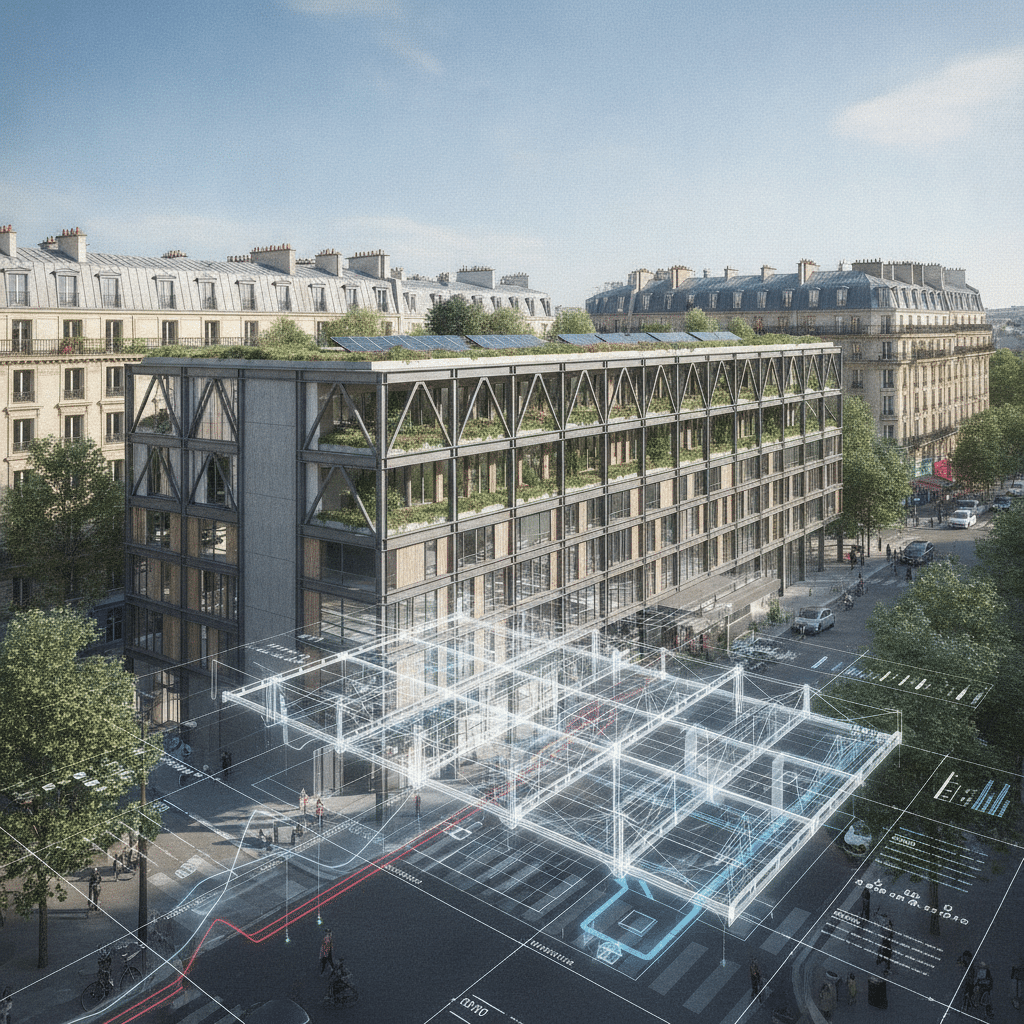RE2020 et BIM construction durable 2026 - Bâtiment industriel moderne avec structure métallique et données BIM