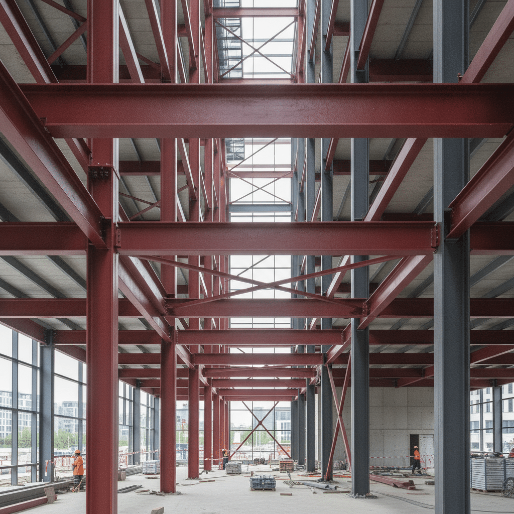 Structure métallique avec protection incendie peinture intumescente rouge sur poutres et poteaux acier