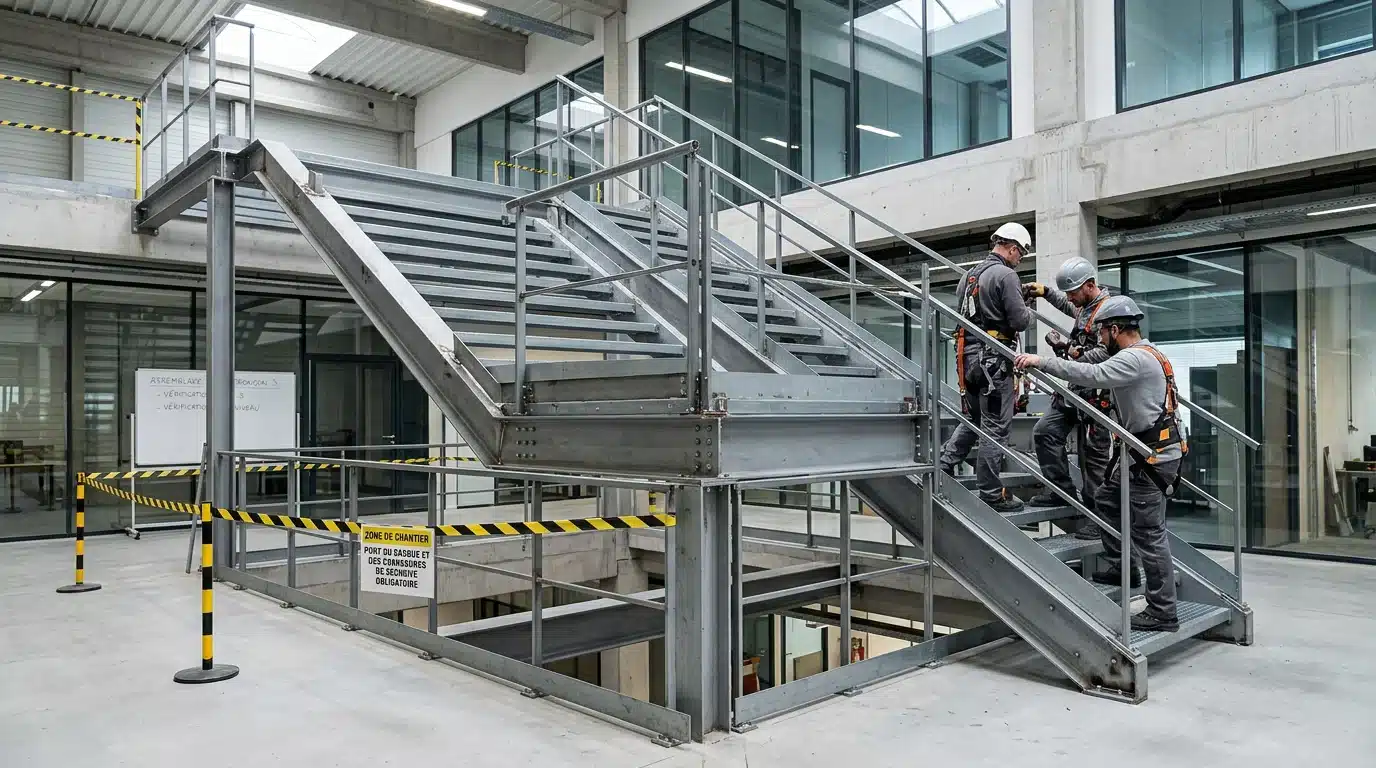 Escalier et passerelle en structure métallique en cours de montage
