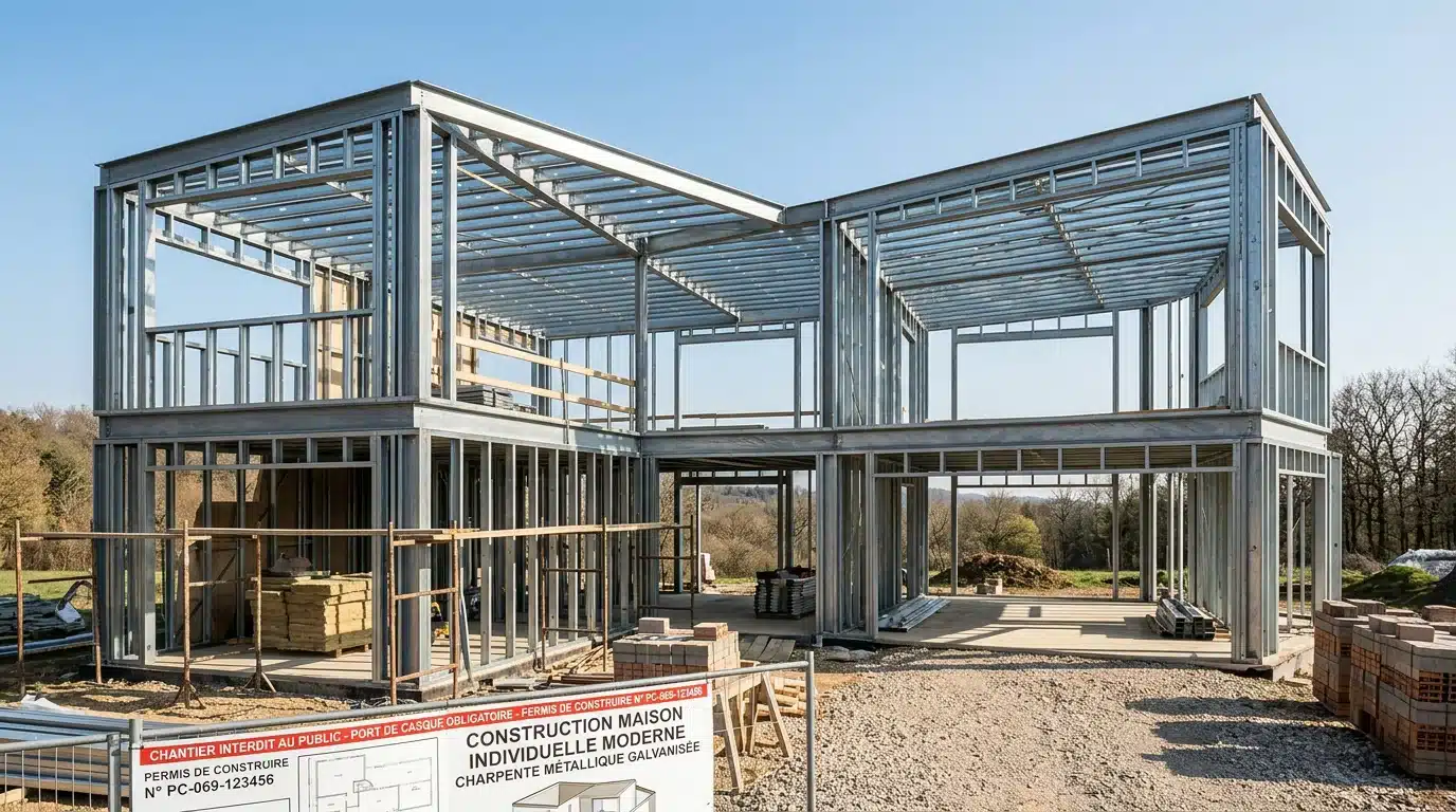 Charpente métallique en acier galvanisé d'une maison individuelle en construction