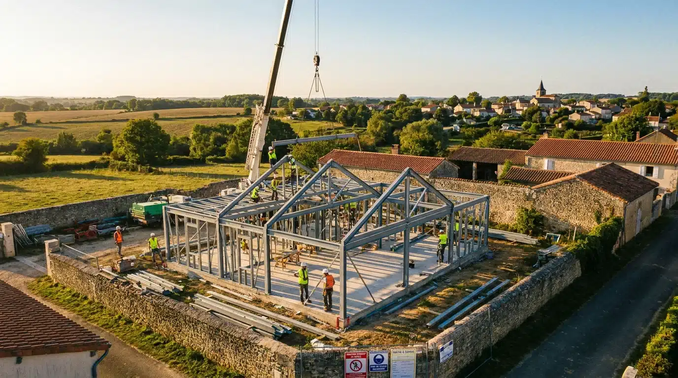 Ingénieur structure et particulier échangeant sur un chantier de maison en France