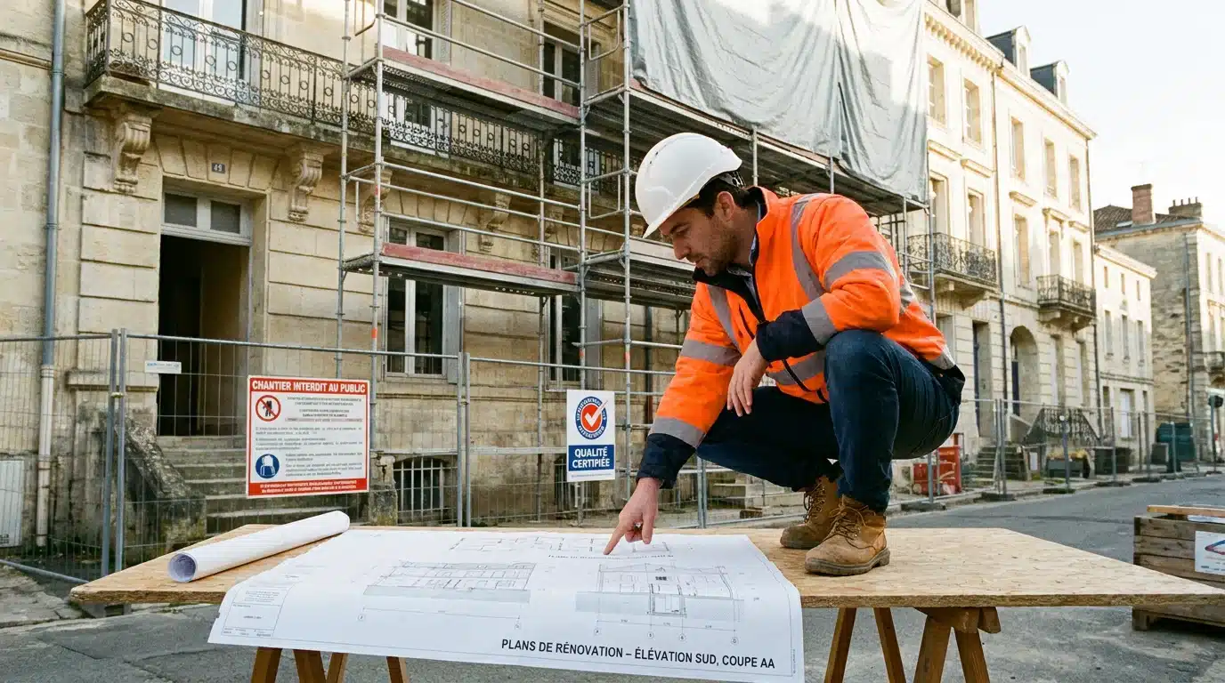 Ingénieur structure analysant des plans de construction dans un bureau d'études en France