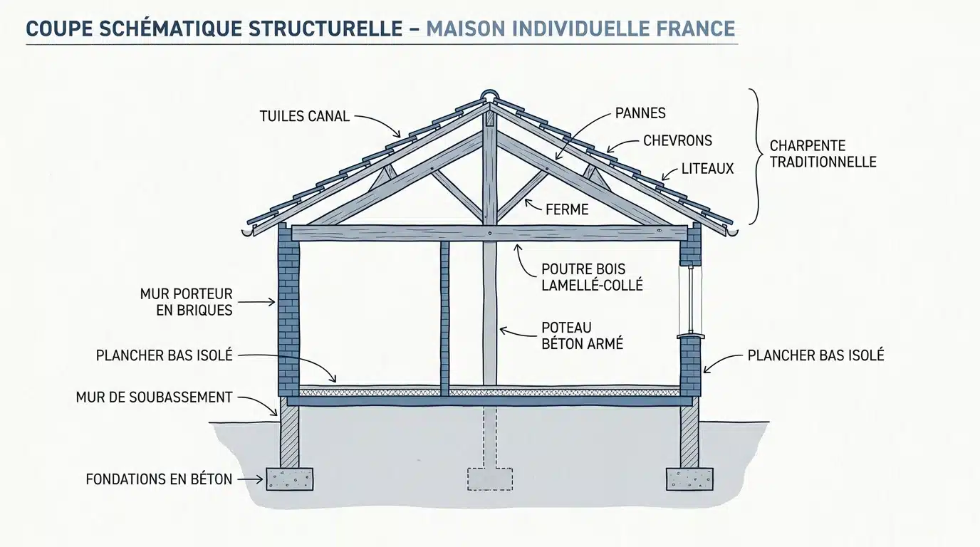 Plans de structure de maison individuelle et outils de calcul sur un bureau