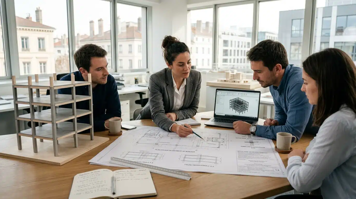 Équipe d'un bureau d'études travaillant sur une structure béton