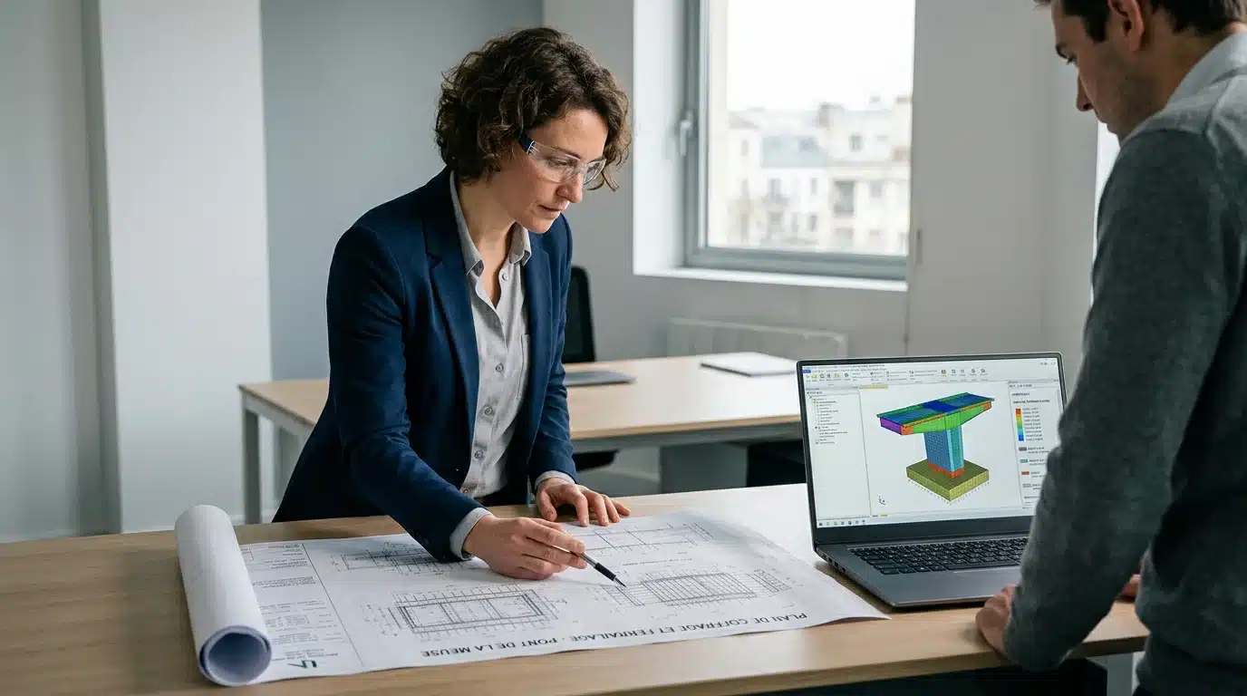 Ingénieur analysant des plans de ferraillage béton armé