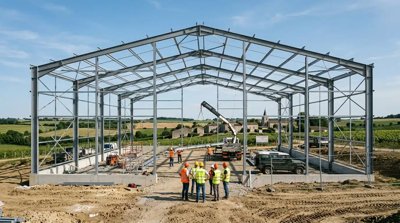 Charpente métallique d'un grand bâtiment agricole en cours de construction en France
