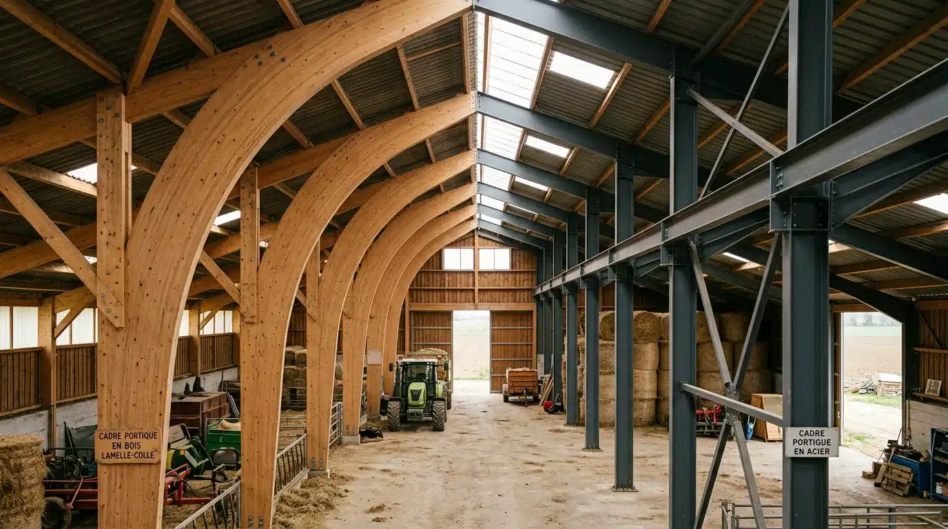 Comparaison entre une charpente en bois lamellé-collé et une charpente métallique dans un bâtiment agricole
