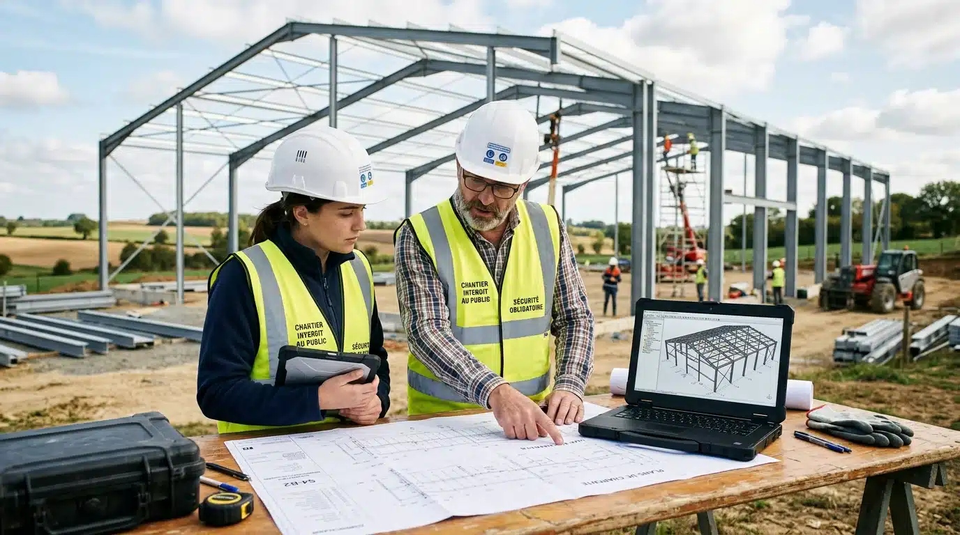 Deux ingénieurs analysant les plans et le modèle 3D d'une charpente métallique agricole sur chantier