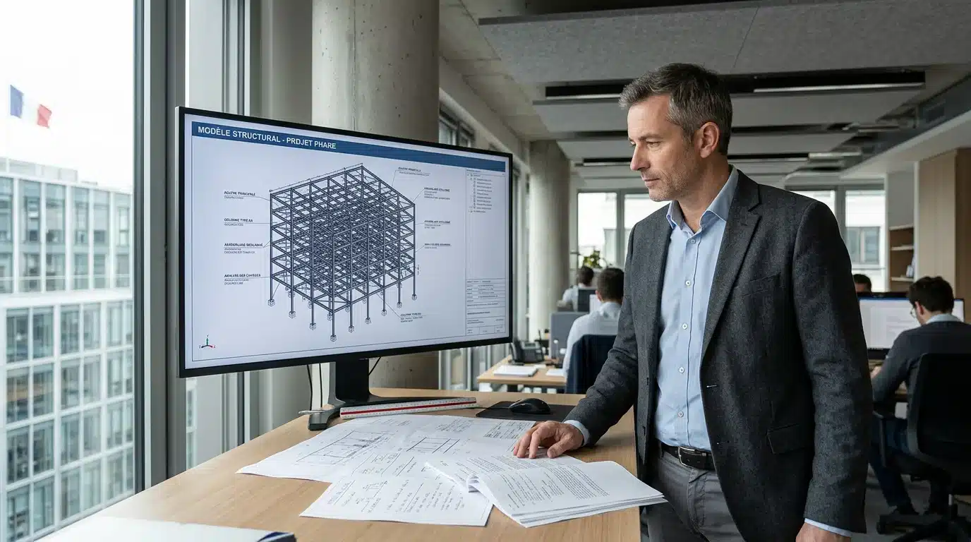 Calculateur de charpente métallique analysant un modèle de structure acier
