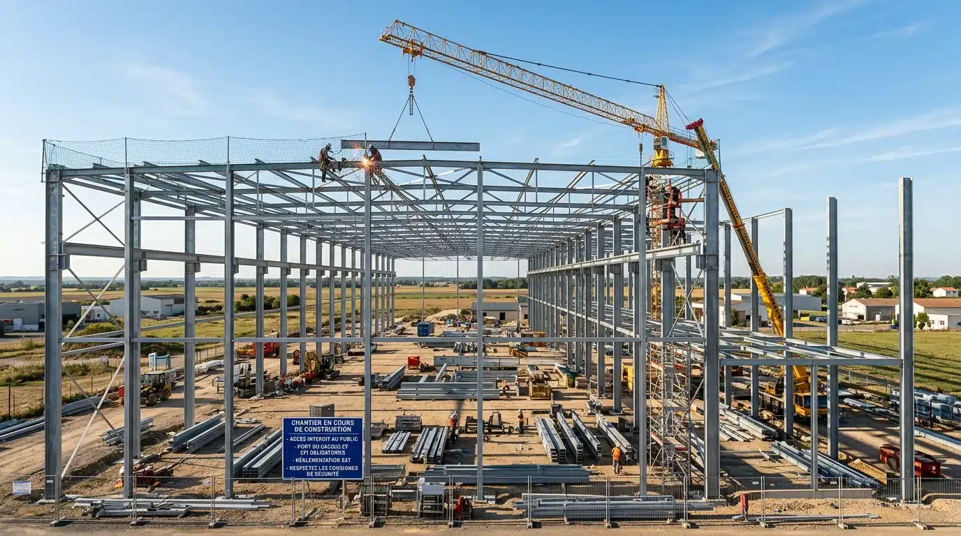 Ossature métallique d'un bâtiment industriel en cours de montage