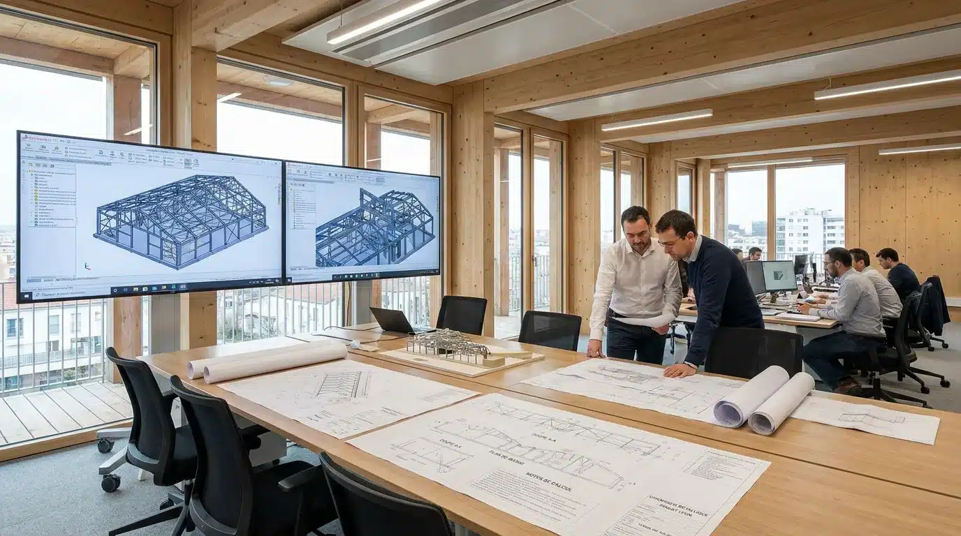 Bureau d'études en charpente métallique avec modélisation 3D et plans techniques