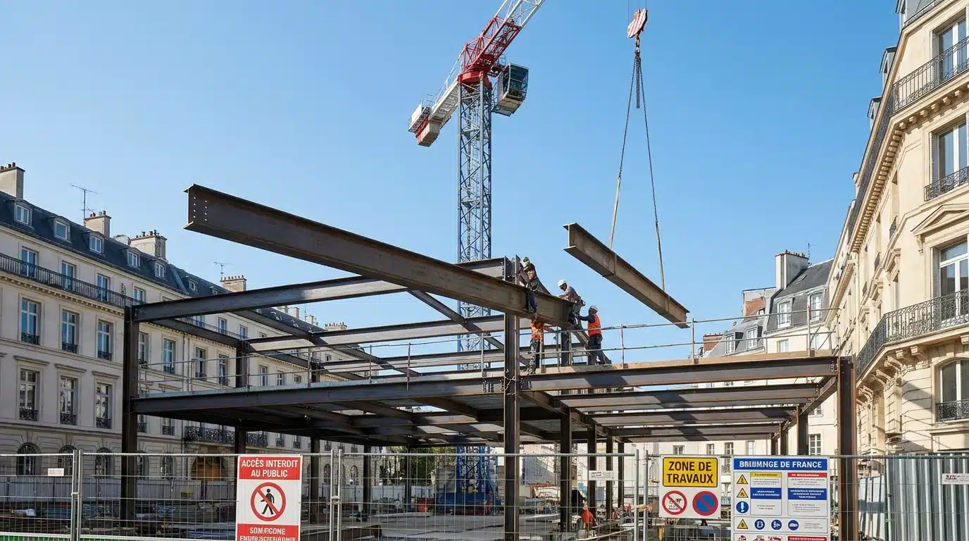 Montage d'une charpente métallique sur un chantier de construction en France