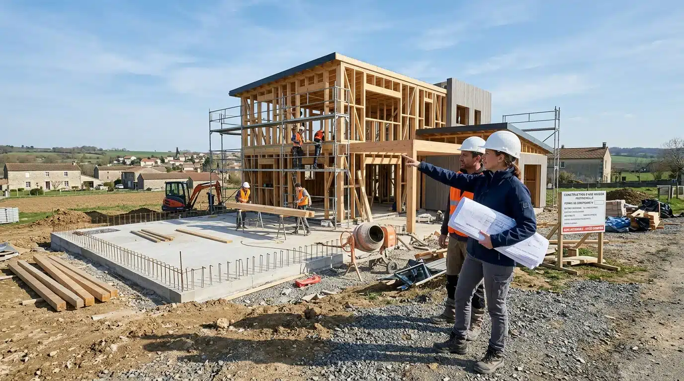 Chantier d'une maison individuelle avec ingénieur structure et plans techniques