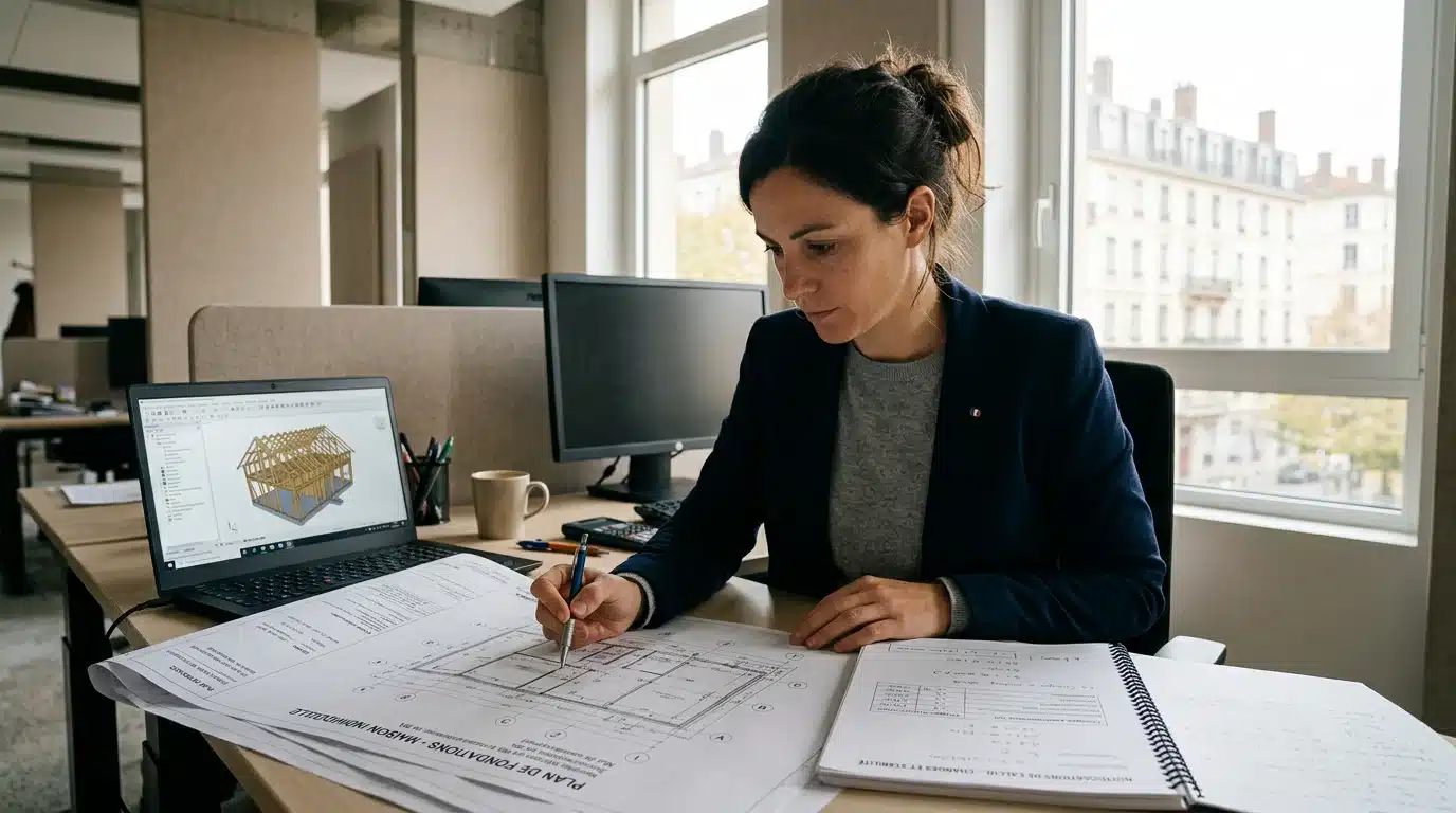 Ingénieur structure analysant des plans techniques d'une maison individuelle