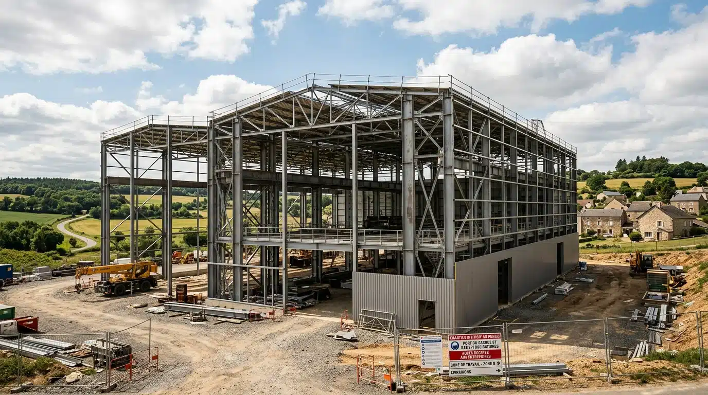 Bâtiment à ossature métallique en acier en cours de construction