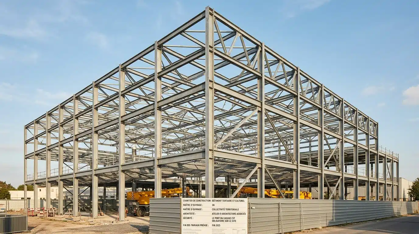Ossature en acier d'un bâtiment industriel en cours de montage