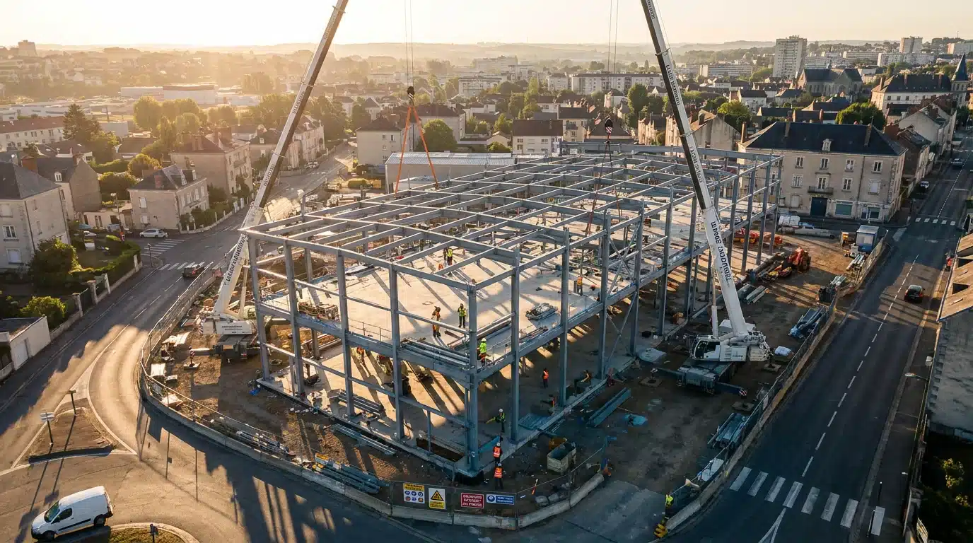 Chantier de construction avec structure métallique en cours d'assemblage en France