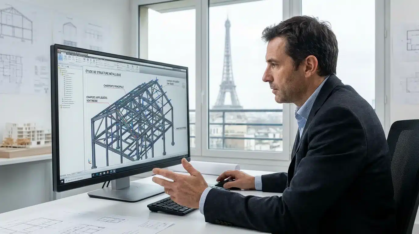 Ingénieur structure analysant un modèle 3D de charpente métallique sur écran