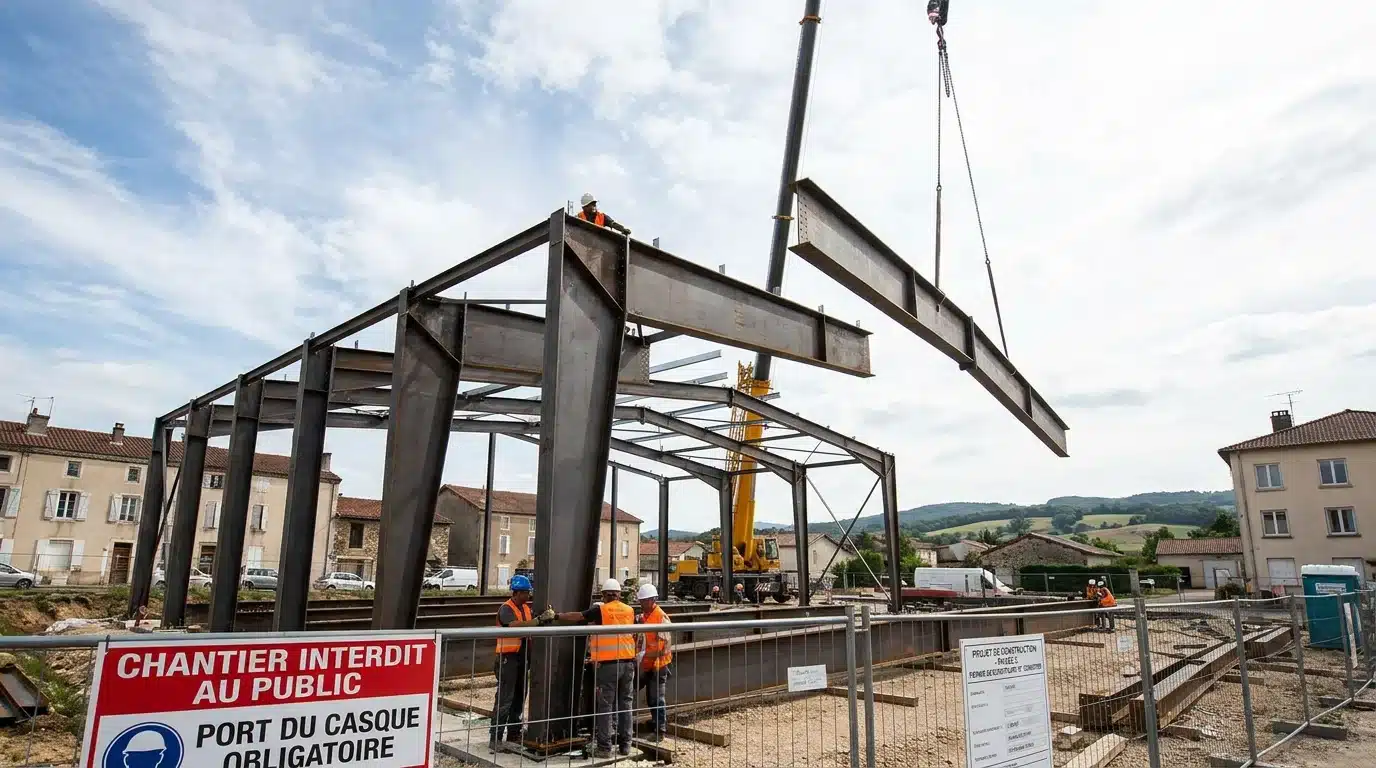 Charpente métallique en cours de montage sur un chantier de construction en France