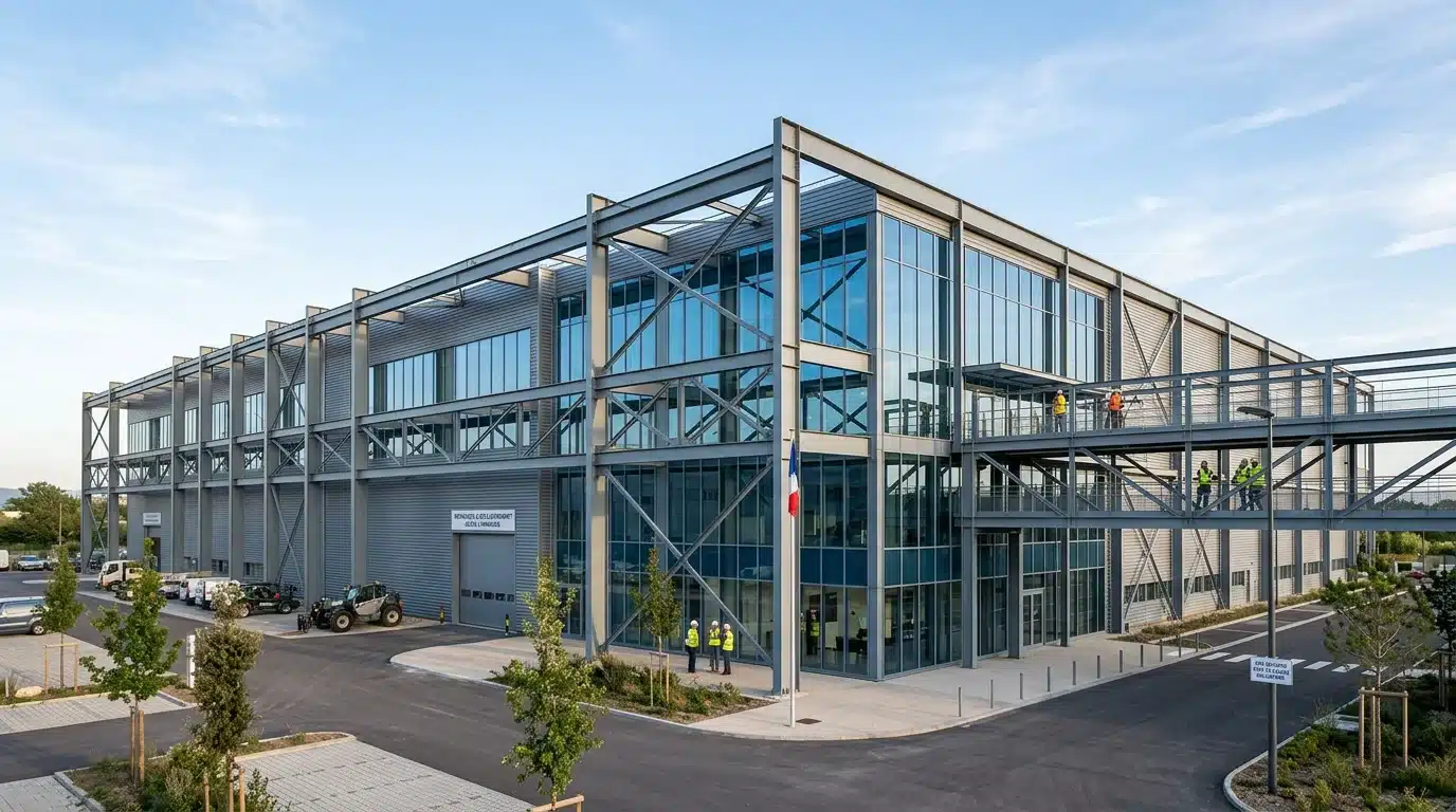 Bâtiment industriel avec charpente métallique apparente en acier