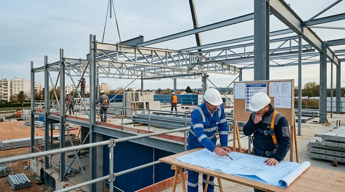 Chantier de charpente métallique avec poutres en acier en cours de montage