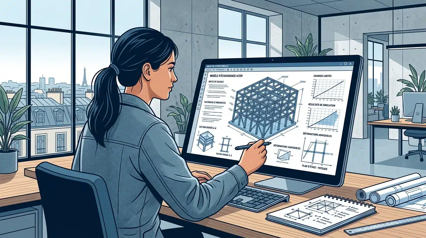 Ingénieur réalisant les calculs de structure métallique sur logiciel de modélisation